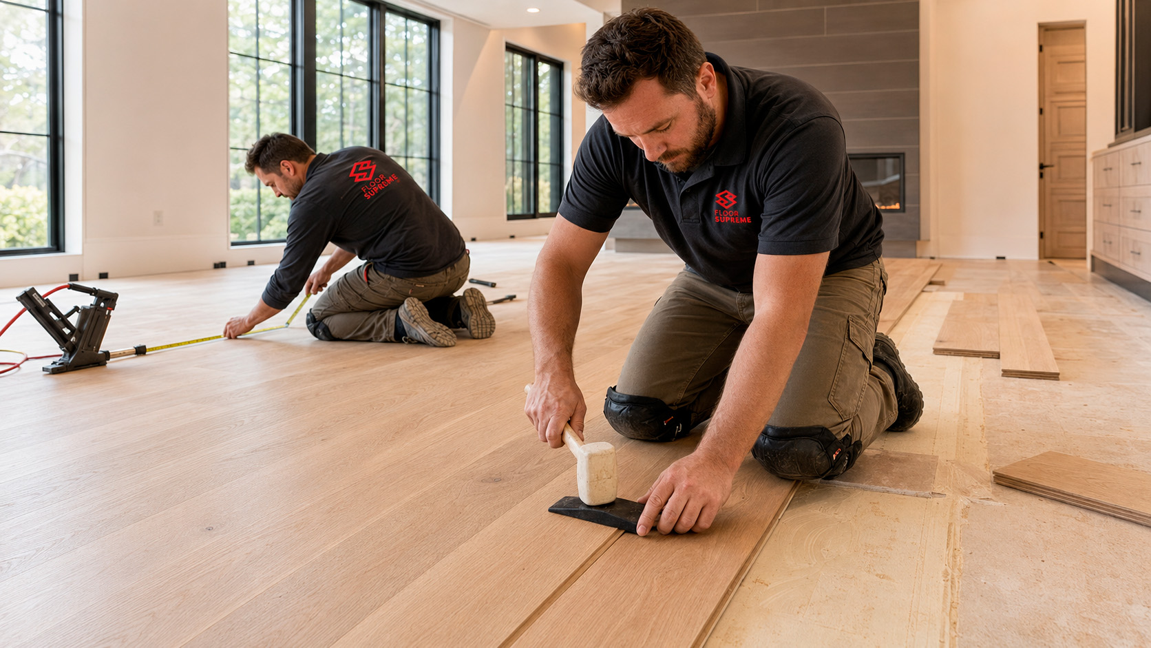 Floor Supreme team installing hardwood flooring in a New Jersey home — professional hardwood installation in Monmouth County NJ