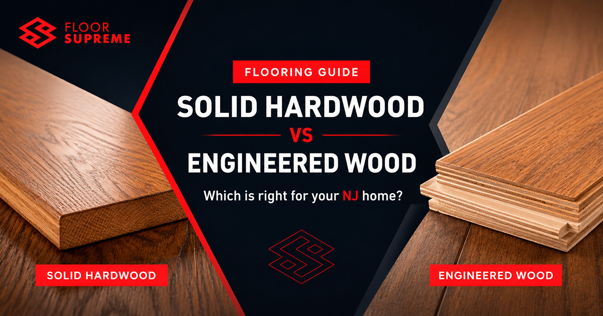 Side-by-side comparison of solid hardwood and engineered hardwood flooring planks — Floor Supreme NJ