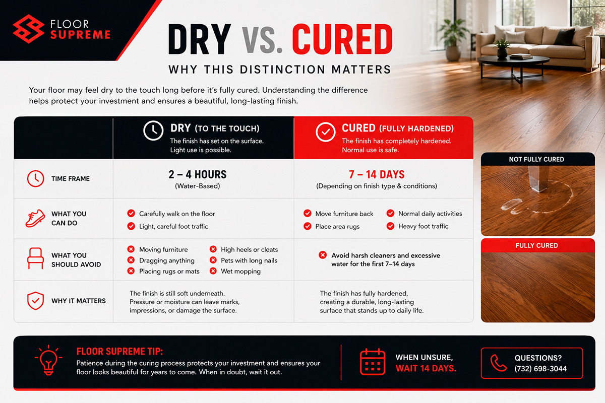 Chart comparing dry time and full cure time for hardwood floor finishes