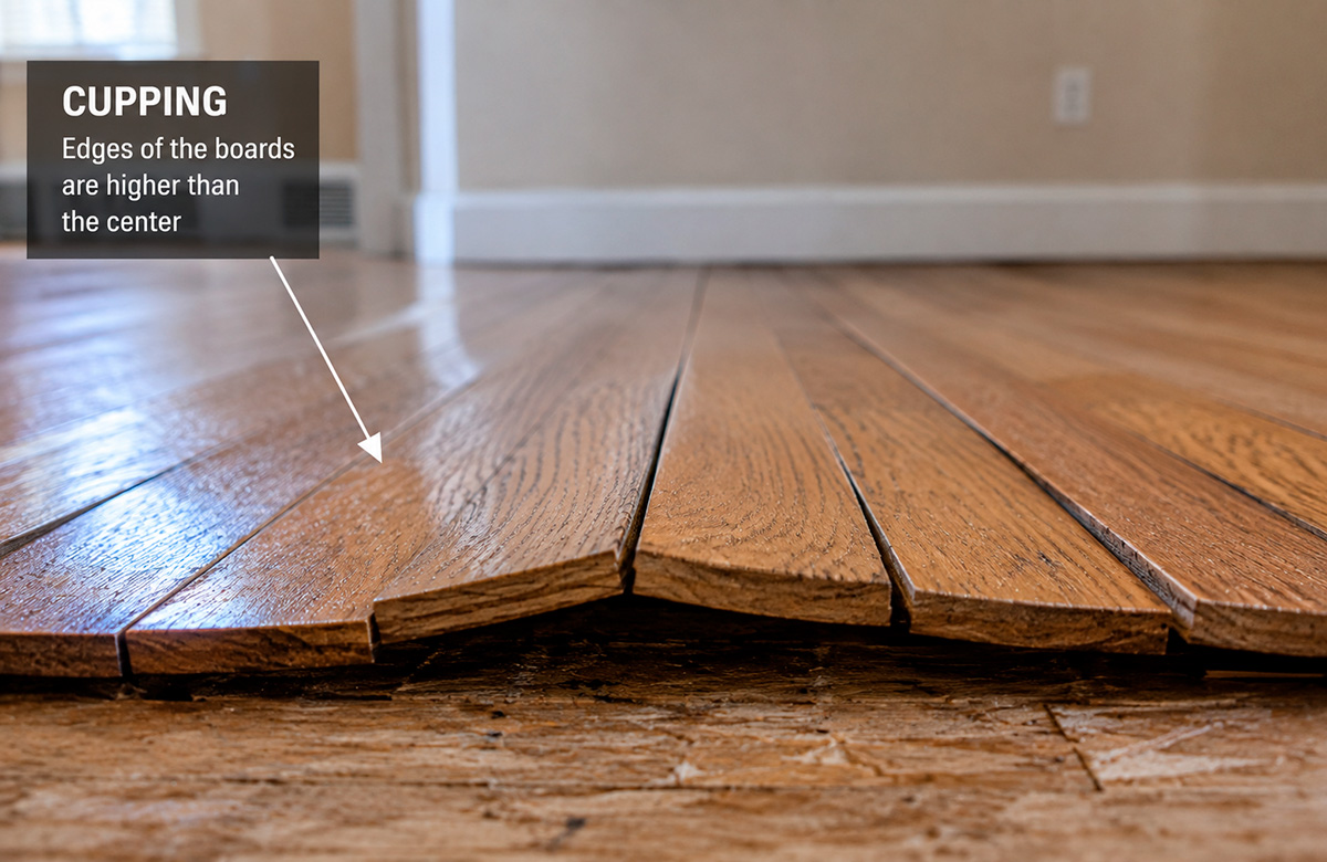 Hardwood floorboards showing cupping and moisture-related warping