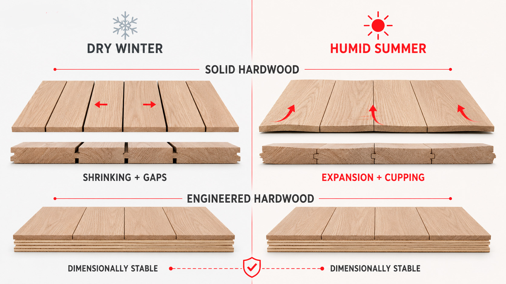 Illustration showing the effect of humidity on solid hardwood flooring — summer expansion and winter gapping in NJ homes