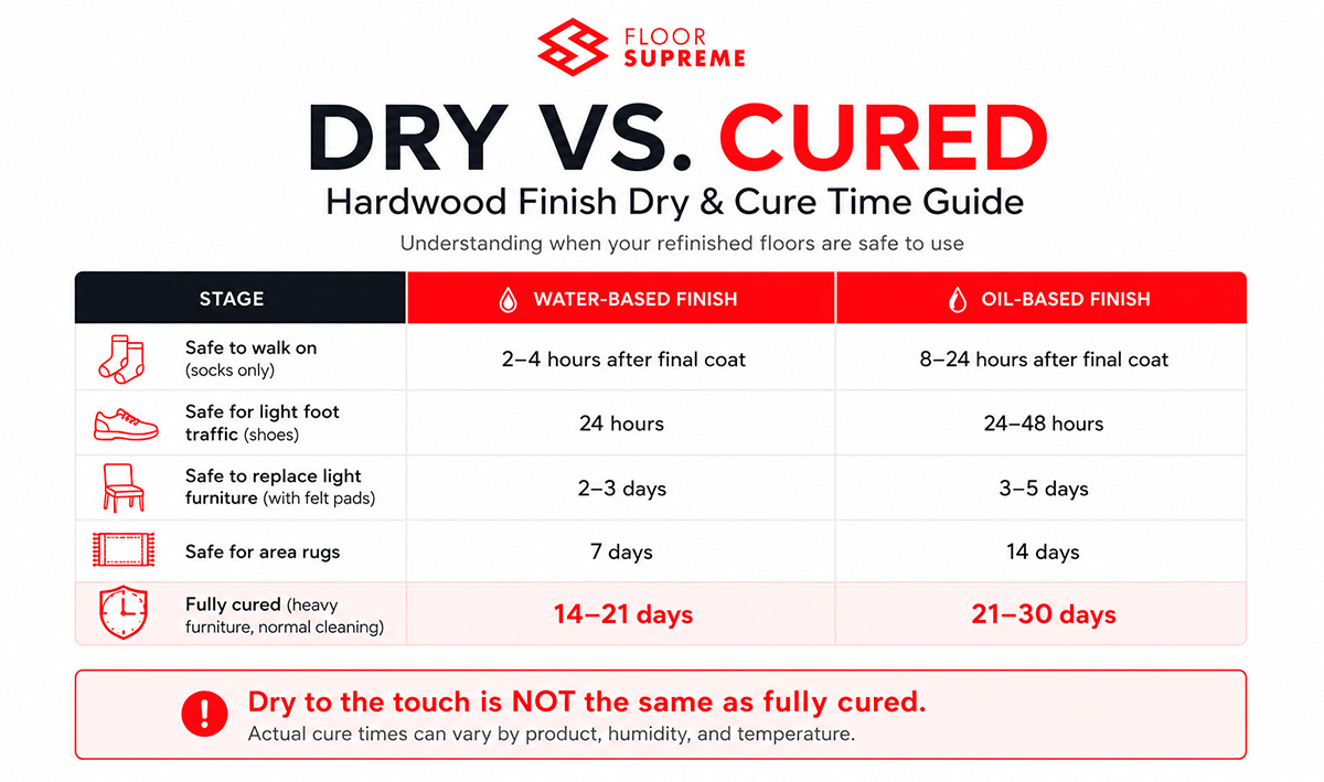 Comparison chart or infographic showing walkable time vs light furniture time vs full cure/heavy furniture time.