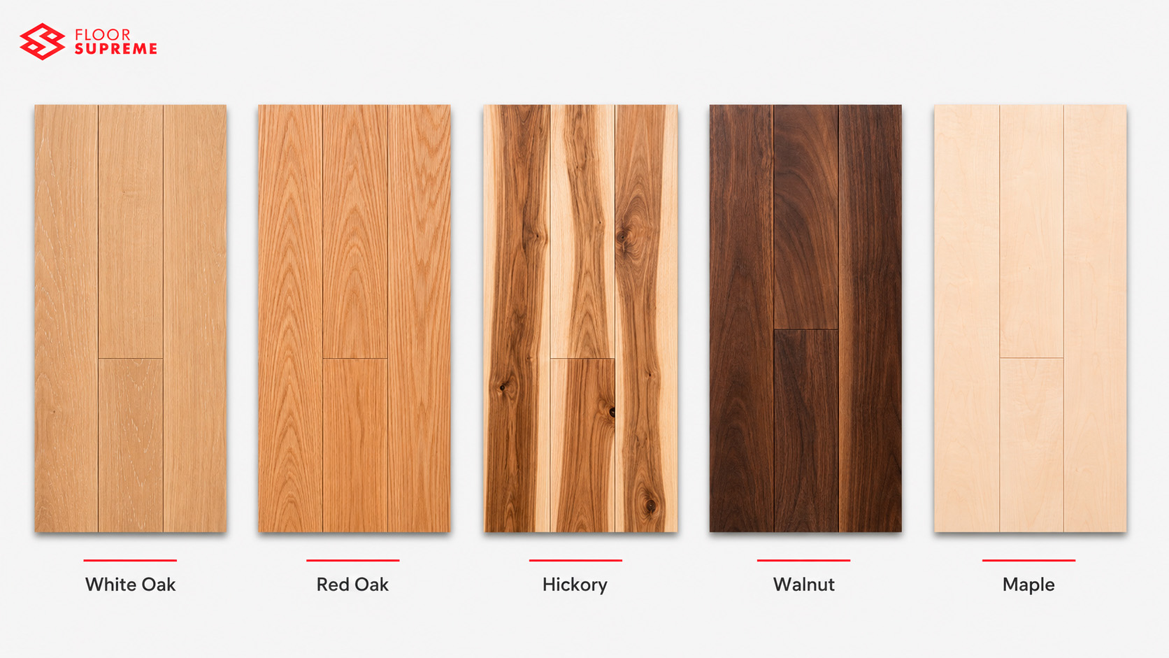 Hardwood species samples popular in New Jersey homes — white oak, red oak, hickory, walnut, and maple flooring planks