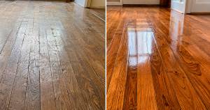 Worn hardwood floor before professional refinishing in a New Jersey home