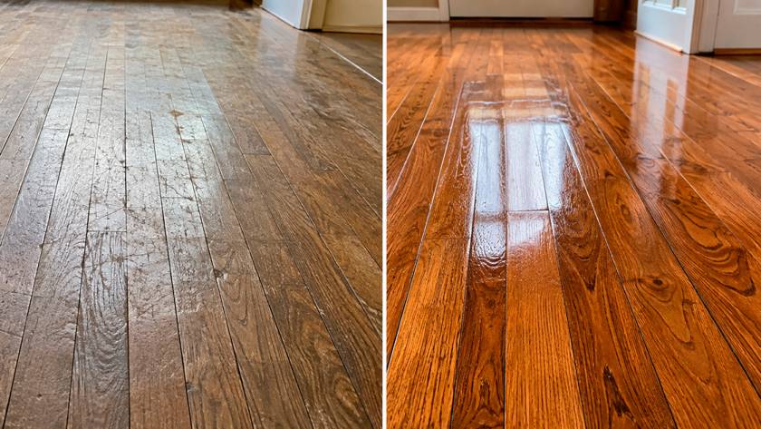 Worn hardwood floor before professional refinishing in a New Jersey home